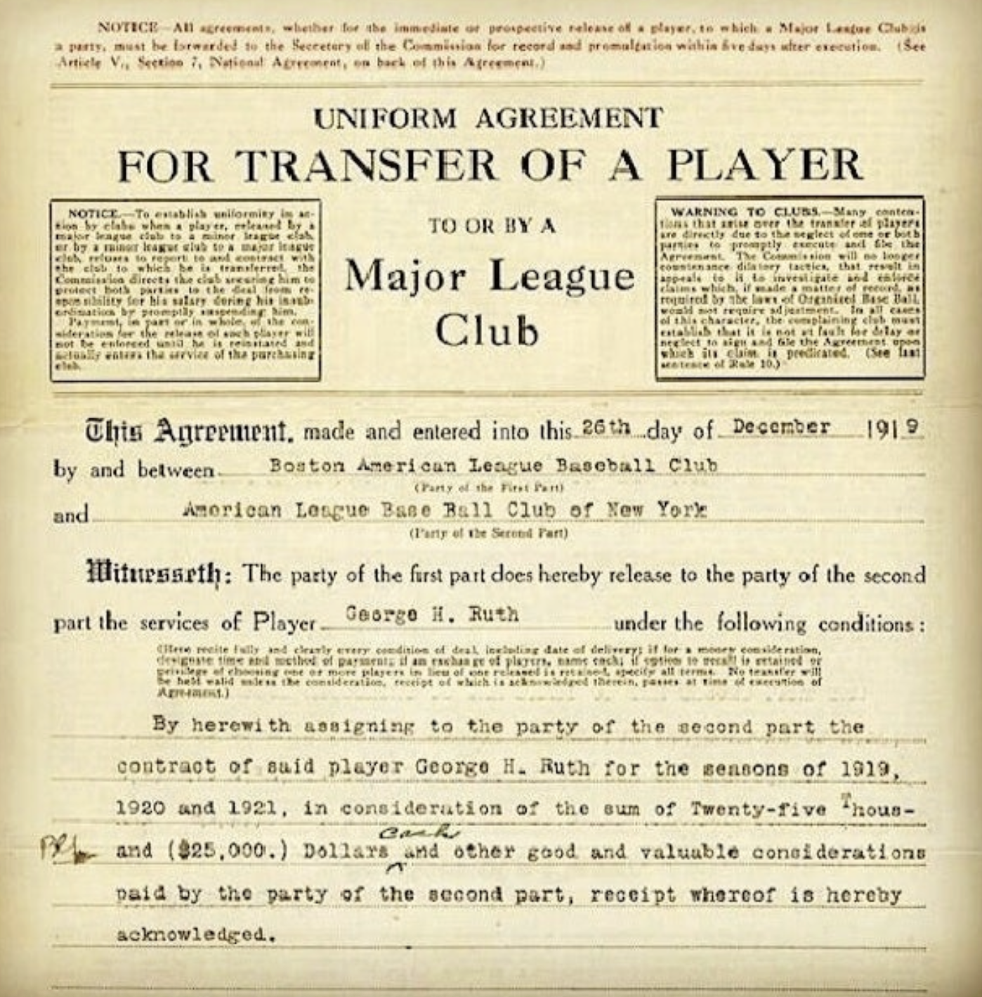 Babe Ruth transfer contract